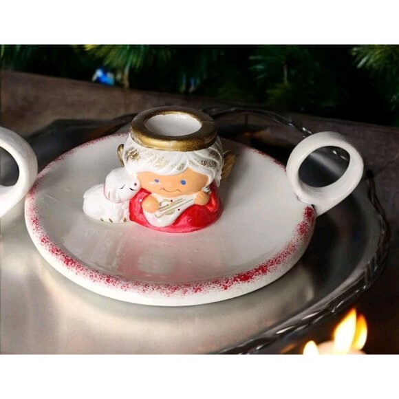Art Pottery Angel Chamber Candle Holders Kitsch Vintage Christmas Holiday Music - Picture 1 of 6